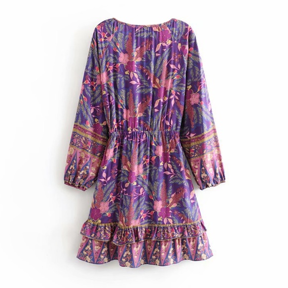 Bohemian Gypsy Purple Floral Print Mini Ruffle dress - Picture 14 of 16